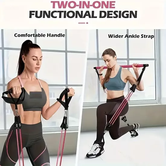 14 adet Dirençli Gerilim Kemeri ile Pilates Çubuğu Çok Fonksiyonlu Fitness Pedalı Çekici, Yoga için Antrenman Ekipmanı