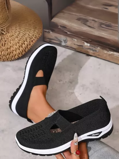 Örgü Desenli Topuksuz Düz Günlük Kullanım İçin Rahat ve Sade Siyah Kadın Sneaker