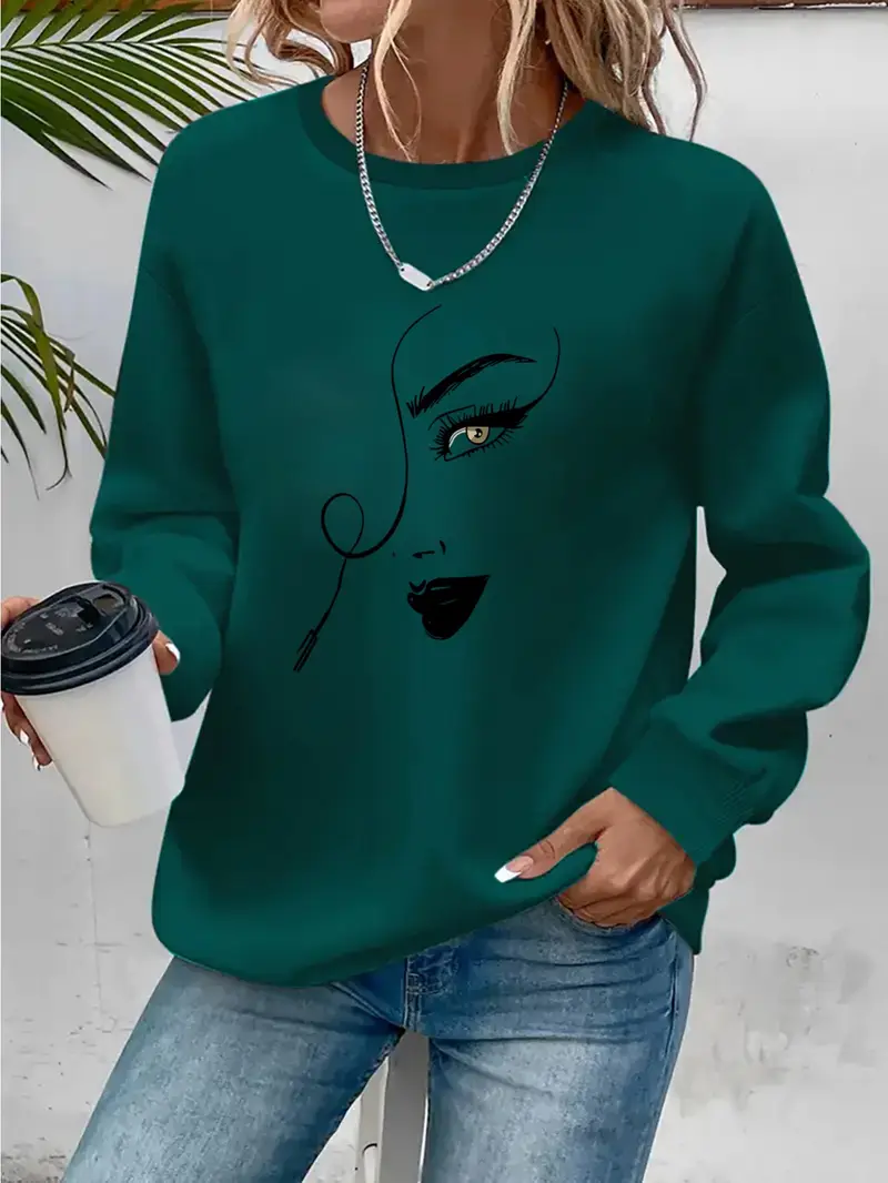 Yeni Çizgi Kadın Yüz Baskılı 100% Polyester Sıcak Astarlı Rahat Örgü Kumaş ile, Bahar ve Sonbahar Modası Kadın Sweatshirt