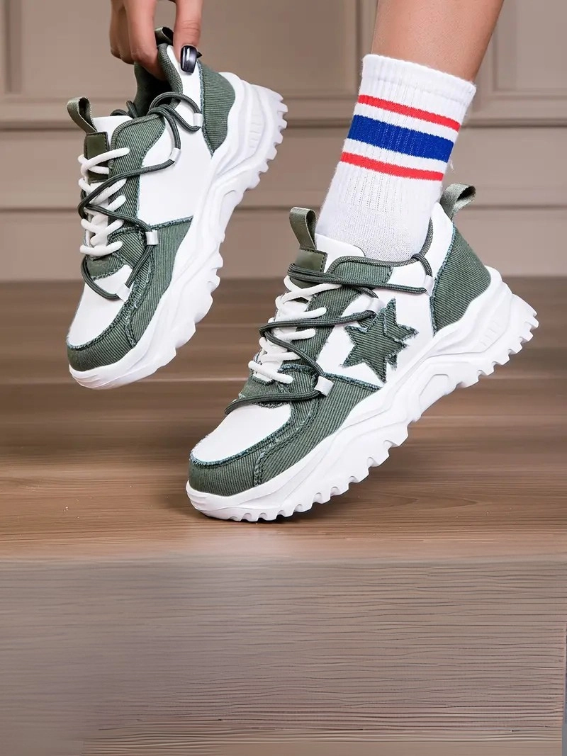 Retro Yıldız Desneli Bağcıklı Kaymaz Taban Hafif Her Mevsim Yeşil Kadın Sneaker Ayakkabı