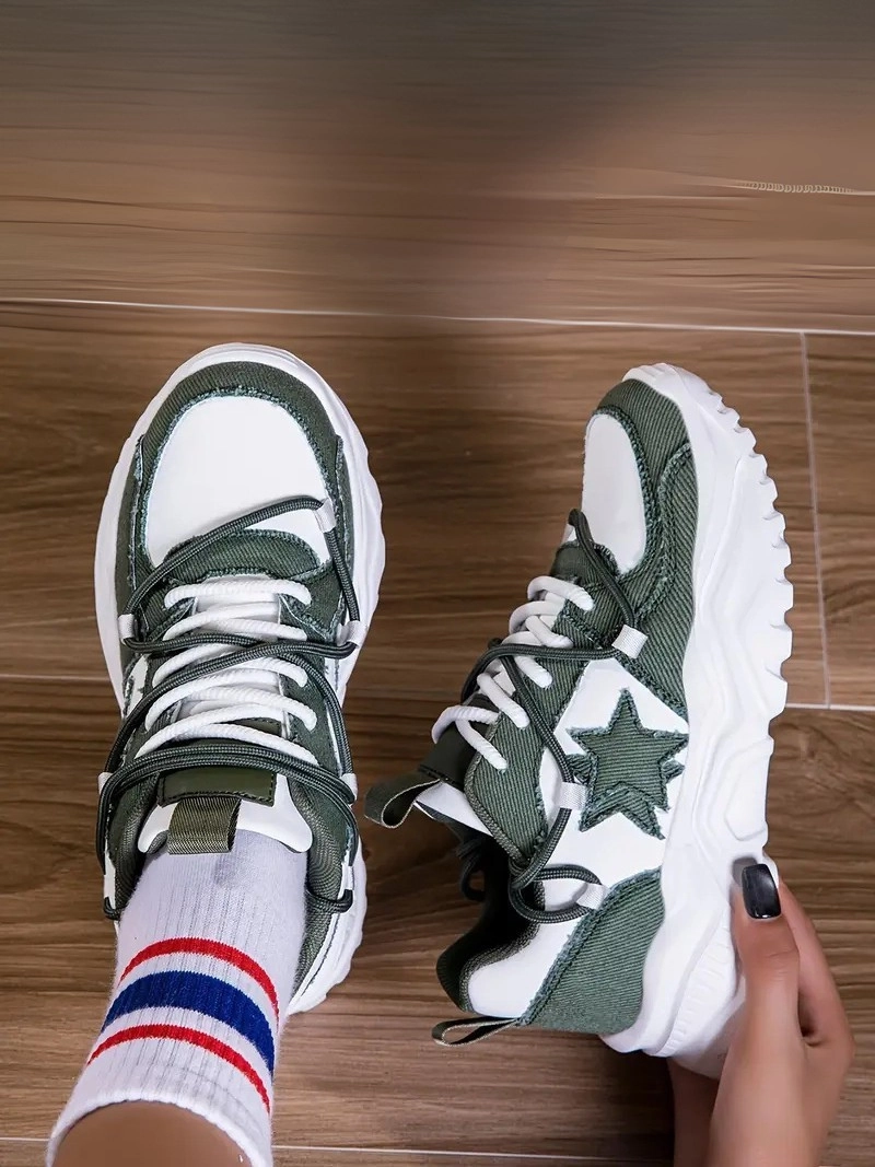 Retro Yıldız Desneli Bağcıklı Kaymaz Taban Hafif Her Mevsim Yeşil Kadın Sneaker Ayakkabı